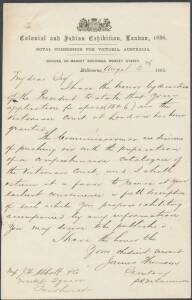 OFFICIAL CORRESPONDENCE: 1885 (Aug.13) letter from the Secretary, Royal Commission for Victoria for the Colonial and Indian Exhibition, London, on Exhibition letterhead advising J.H. Abbott & Co. of Sandhurst that their stand application for the Victorian