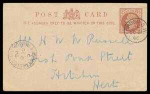 EXHIBITION DATESTAMP: 1886 usage of 1/2d brown Postal Card with 'COLONIAL & INDIAN EXHIBITION/ C /SW' cds at left but the stamp cancelled with 'LONDON-SW' cds, adhesions on the reverse. This item also suggests that the cds was not normally used as a cance
