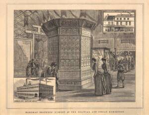 ENGRAVINGS: Double page from 'The Illustrated Sydney News' Sept.15 1886 titled "Scenes in the New South Wales Court at the Colonial and Indian Exhibition" (4 images); plus "Hardman Brothers Exhibit at the Colonial and Indian Exhibition", both window mount