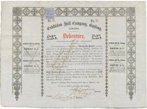 "Exhibition Hall Company Geelong Limited" debenture No.6 for &pound;25, issued 25 March 1883, with manuscript endorsement "Cancelled/ John Dickson/ 11.2.86".
