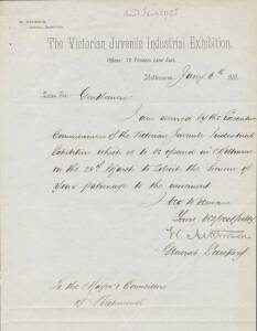PRINTED PAPERS: 1888 letter written on The Victorian Juvenile Industrial Exhibition letterhead seeking the support of the Mayor & Councillors of Richmond; an Official Circular for the same Exhibition; the April 26th 1888 edition of &nbsp;"The Juvenile Exhibiti