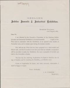 PRINTED CIRCULAR: 1887 (Aug.22) printed circular over signature of J.H. Curnow, Secretary advising of the Prize list for Geelong Jubilee Juvenile & Industrial Exhibition and soliciting entries. Received and signed on reverse by the Mayor of Richmond.