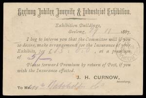 EXHIBITION STATIONERY: 1887 usage of 1d Postal Card with 'Geelong Jubilee Juvenile & Industrial Exhibition' imprint on the reverse, Geelong duplex of NO28/87. The largely printed message offers insurance for the addressee's exhibits; and plain 1d Postal C