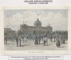 Hand-coloured engraved print by WC Fitler taken from the Official Record showing The Jubilee Exhibition BuildingThe Exhibition ran from 21 June 1887 to 6 January 1888. The main site was the Jubilee Building erected on North Terrace. The building was used 