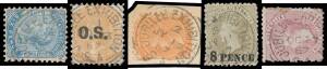 EXHIBITION POSTMARK: 'JUBILEE EXHIBITION/S-A' squared-circle datestamp fine to superb part- to large-part strikes on&nbsp;De La Rue&nbsp;2d orange x2 (one with 'O.S.' Overprint) & 6d blue and&nbsp;Perkins Bacon&nbsp;'8 PENCE' on 9d dull olive-brown & 9d purple. Rated RR. (5)