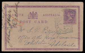 EXHIBITION POSTMARK: 1887 use of 1d Postal Card to "Office of the Royal Commissioners/Exhibition/Adelaide" with 'TEROWIE/JY30/87/SA' squared-circle, superb 'RAILWAY/ 2 /S-A' cds & largely superb strike of the 'JUBILEE EXHIBITION/SA' squared-circle - rated