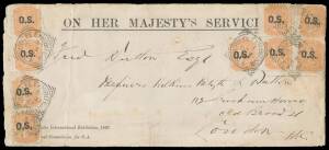 EXHIBITION POSTMARK: 1887 long OHMS cover with 'Jubilee International Exhibition 1887/Royal Commission for SA' imprint at lower-left, to London with De La Rue&nbsp;2d orange with 'O.S.' Overprint x9 - including three pairs - tied by six good to superb strikes 