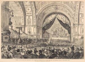 "OPENING OF THE MELBOURNE EXHIBITION: The Governor of Victoria, Sir H.B.Loch, Declaring the Exhibition Open in the Queen's Name", 1888 double-page engraving from 'The Illustrated London News', light folds though very fine condition, window mounted, overal