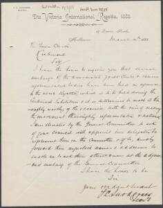 VICTORIAN INTERNATIONAL REGATTA: 1888 (March 12th) letter on "The Victorian International Regatta, 1888" letterhead inviting the clerk of Richmond City Council to nominate 2 delegates to the committee responsible for organising the yachting regatta to be 