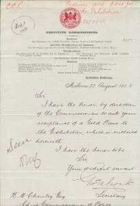 1888 (Aug.27) letter on EXECUTIVE COMMISSIONERS, CENTENNIAL INTERNATIONAL EXHIBITION letterhead, from the Secretary to the Chief Commissioner of Police, H.M.Chomley, offering him a Gold Pass to the Exhibition; with notation at top (in red) indicating that