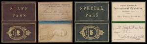 EXHIBITION PASSES: Special Pass issued to Mr Joseph Hampton and Staff Pass (with photograph) issued to Mr. David Gow, clerk for the Centennial Exhibition. Both in leather folders in good condition.David M Dow was the son of the Minister of Lands & Agricul