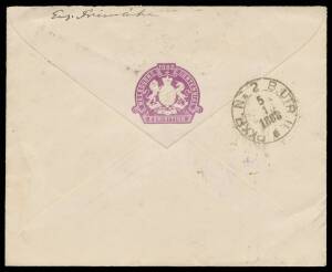 EXHIBIT RESULT ADVICE: 1888 envelope with '1888/MELBOURNE CENTENARY/ [Arms] /EXHIBITION' embossing in mauve on the flap, from the London Commission to Sweden with &frac12;d vermilion & 1d lilac pair tied by London duplex of JA3/88, Swedish 'PXXP No 2 B UTR II' T
