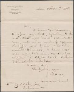 FRENCH COMMISSION: Letter dated 6 October 1888 to Wm J Daly, Melbourne from the Commissariat General de France advising him of his appointment as the Executive Commissioner for Algiers to the Melbourne Centennial Exhibition.Daly had previously acted as Ex