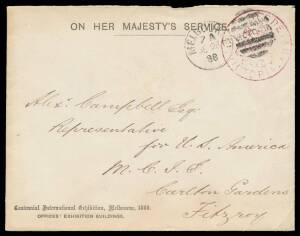 INWARDS MAIL TO THE EXHIBITION: Envelope with 'Centennial International Exhibition, Melbourne, 1888/...' imprint at lower-left & Exhibition embossing in gold on the flap, to "Representative for US America/MCIE/Carlton Gardens/Fitzroy" with 'CHIEF SECRETAR