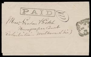 INWARDS MAIL TO THE EXHIBITION: Plain wrapper to "Gordon & Gotch/Newspaper Court/Exhibition Melbourne" with a largely superb strike of the 'PORT DARWIN NT/DE3/88/S.A.' squared-circle datestamp & a superlative strike of the very rare boxed 'PAID' handstamp