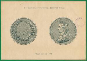 CENTENNIAL MEDAL DESIGN: Obverse and Reverse designs of the 1888 Centennial International Exhibition Medal, on thin brown paper, a plate from the official catalogue.