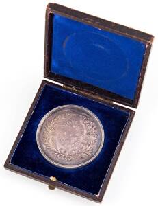 MEDALLIONS: Silver (51mm) Queen Victoria crowned veiled bust facing left 'CENTENNIAL INTERNATIONAL EXHIBITION MELBOURNE', reverse 'ARTIBUS DIGNIS HONOR INSIGNIS' within wreath of Oak and Laurel surrounding Southern Cross, 5mm edge inscribed 'D. DUNN AND S