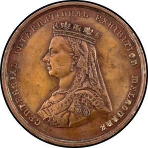 MEDALLION: Bronze (76mm) Queen Victoria crowned veiled bust facing left 'CENTENNIAL INTERNATIONAL EXHIBITION MELBOURNE', reverse 'ARTIBUS DIGNIS HONOR INSIGNIS' within wreath of Oak and Laurel surrounding Southern Cross, 7mm edge inscribed 'A.F. BROCKHOFF