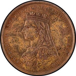 MEDALLIONS: Bronze (76mm) Queen Victoria crowned veiled bust facing left 'CENTENNIAL INTERNATIONAL EXHIBITION MELBOURNE', reverse 'ARTIBUS DIGNIS HONOR INSIGNIS' within wreath of Oak and Laurel surrounding Southern Cross, 7mm edge inscribed 'G.WIGHT ESQ.'