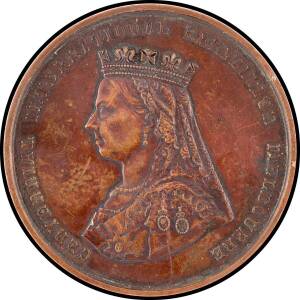 MEDALLIONS: Bronze (76mm) Queen Victoria crowned veiled bust facing left 'CENTENNIAL INTERNATIONAL EXHIBITION MELBOURNE', reverse 'ARTIBUS DIGNIS HONOR INSIGNIS' within wreath of Oak and Laurel surrounding Southern Cross, 7mm edge inscribed 'E. HOOD' smal