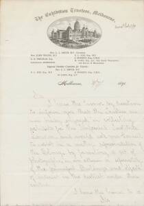 LETTERHEADS: 1890 (Jan.18) letter on Office of Lands and Survey, Forest Branch, Melbourne regarding a shipment of bark from Carisbrook Station; 1890 (Oct.20) letter on The Exhibition Trustees, Melbourne letterhead regarding the establishment of a permanen