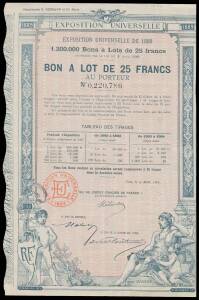 ENTRANCE LOTTERY TICKET: Large fancy printed lottery ticket for the Paris International Exhibition at face value of 25 francs providing for 25 visits during the Exhibition as well as participation in the annual lotteries to be conducted every year between