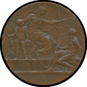 MEDALLIONS: Bronze (63mm) by Daniel Dupuis, France seated at left crowning a nude male figure, background the Eiffel Tower and the Seine, reverse France facing right, VF.