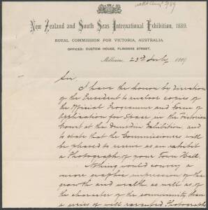 ROYAL COMMISSION FOR VICTORIA LETTERHEAD: covering letter on Royal Commission letter head dated 23rd July 1889 which had accompanied the Official Programme and Application for Space which had been sent to the Town Clerk, Richmond City Council. Signed on r