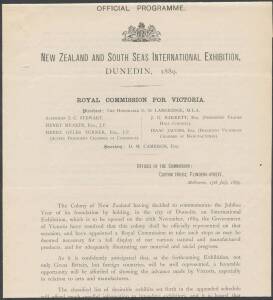 OFFICIAL PROGRAMME: Printed Official Programme for the Royal Commission for Victoria printed in July 1889 for the Dunedin Exhbition later that year. Programme contents include a Claasification of Exhbitis and receipted on back by Richmond City Council on 
