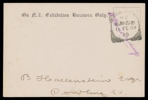 EXHIBITION POSTCARD: 1889 advice card with 'On NZ Exhibition Business Only' imprint at the top & 'NEW ZEALAND EXHIBITION COMPANY LIMITED' imprint on the reverse, locally used with Dunedin squared-circle of 11FE89 & 'DHarris Hastings' facsimile signature h