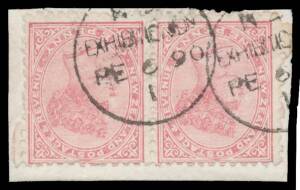 EXHIBITION DATESTAMP: 'NZ/EXHIBITION DN/FE 6 90/ 1 ' one & a half fine strikes on Sidefaces 1d pair on small piece. Only one cover is recorded.