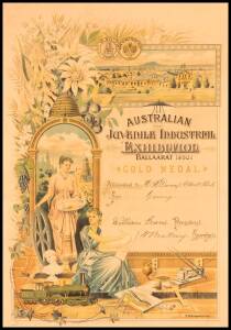 GOLD MEDAL CERTIFICATE, "Australian Juvenile Industrial Exhibition, Ballaarat 1890-1", superb certificate awarded to H.F. Dunn of Albert Park for Carving,; designed by E.T.Luke & lithographed by F.W.Niven & Co. of Ballarat, window mounted, overall 43x59cm