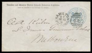 EXHIBITION ENVELOPE: 1891 envelope with 'Hamilton & Western District Juvenile Industrial Exhibition/...' imprint at upper-left & printed PMG Frank stamp in blue, to Melbourne with very fine Hamilton duplex of MR12/91.The only example recorded by Carl Stie