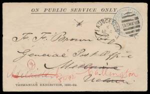 EXHIBITION ENVELOPE: 1892 envelope with straight-line 'TASMANIAN EXHIBITION, 1891-92' at lower-left & fine 'CORPORATION OF LAUNCESTON' Frank h/s in blue, irregular usage to Victoria from where it was forwarded to South Australia. Most unusual.