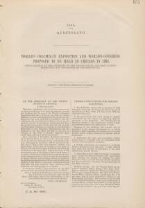 PARLIAMENTARY REPORTS: 1891 Queensland Parliamentary Report reproducing the Proclamation by the President of the United States regarding the Proposed World's Columbian Exposition to be held in Chicago in 1893.