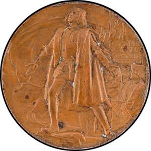 MEDALLIONS: Bronze (76mm) Columbus setting foot on land by Saint Gaudens, reverse 400th anniversary commemorative plaque (awarded) 'TO EDWARD COMBES, COM. / FOR NEW SOUTH WALES' in relief, angels beside globe above, torches at sides and ship below, 'C.E. 