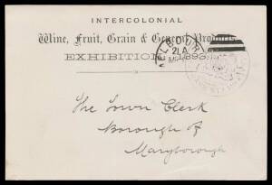 EXHIBITION POSTCARD: 1893 postcard with 'INTERCOLONIAL/Wine, Fruit, Grain & General Products/EXHIBITION 1893' imprint at the top & light PMG Frank h/s in violet, to Maryborough with Melbourne duplex of MR11/93, small concealed spikehole.&nbsp;