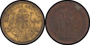 MEDALLIONS: Gilded brass and brass (19mm) 'EXHIBITION SOUVENIR', minted by Stokes and Martin, both VF. (2 items)