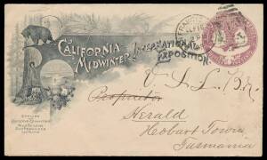 EXPOSITION ENVELOPE: 1893 Columbian Exposition 2c Envelope with delightful illustrated "corner card" with a bear watching a stagecoach pass through a sequoia &&nbsp;Dickman Jones&nbsp;imprint at the top, to Hobart (b/s), very fine & attractive.