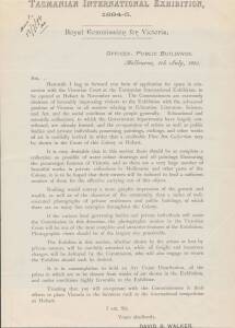 1894 (July 6) Printed letter  for Royal Commission for Victoria at the Tasmanian International Exhibition 1894-95 which accompanied the Application for Space and encouraging Victorians to exhibit to show "... the advanced position of Victoria in all matte