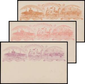 EXHIBITION POSTAL CARD COLOUR TRIALS: 1893 illustrated triptych - the Exhibition Building; Tasmanian Coat-of-Arms; and Hobart from the Bay - printed in violet, in rose-pink, and in orange-brown on De La Rue 1d Postal Cards, plus an example of the issued c