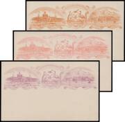 EXHIBITION POSTAL CARD COLOUR TRIALS: 1893 illustrated triptych - the Exhibition Building; Tasmanian Coat-of-Arms; and Hobart from the Bay - printed in violet, in rose-pink, and in orange-brown on De La Rue 1d Postal Cards, plus an example of the issued c