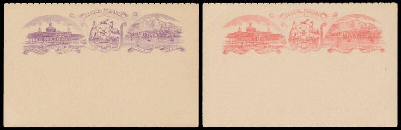 EXHIBITION POSTAL CARD COLOUR TRIALS: 1893 illustrated triptych - the Exhibition Building; Tasmanian Coat-of-Arms; and Hobart from the Bay - printed in violet, in rose-pink, and in orange-brown on the back of the message-half only of the 1½d+1½d Reply Pos