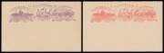 EXHIBITION POSTAL CARD COLOUR TRIALS: 1893 illustrated triptych - the Exhibition Building; Tasmanian Coat-of-Arms; and Hobart from the Bay - printed in violet, in rose-pink, and in orange-brown on the back of the message-half only of the 1½d+1½d Reply Pos