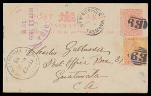 EXHIBITION POSTAL CARDS: 1895 (Jan 11) usage to Guatemala (!) uprated with 1/2d Tablet, New Orleans transit & 'RECIBIDA/...' arrival cds in violet. The message states "This is called the Exhibition souvenir it is a disgrace to the Colony". 