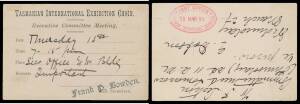 EXHIBITION POSTCARDS: Group of On Public Service Only printed postcards used between 16.11.1893 and 27.3.1895 mostly for advice of meetings re the Exhibition Choir - two with printed 'TASMANIAN INTERNATIONAL EXHIBITION CHOIR' on the reverse, all with INTE