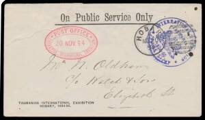 EXHIBITION DATESTAMP: Triple-oval 'POST OFFICE/TASMANIAN INTERNATIONAL EXHIBITION' datestamp two large-part strikes a fine strike of 20NOV94 - the Earliest Recorded Date - all in rosine on OPSO envelopes, each with Exhibition Frank h/s in violet, one flap