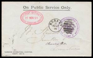 EXHIBITION DATESTAMP: Triple-oval 'POST OFFICE/27NOV94/TASMANIAN INTERNATIONAL EXHIBITION' datestamp fine strike in rosine on OPSO envelope with Exhibition embossing in maroon on the flap (damaged on opening) & Exhibition Frank h/s in purple.