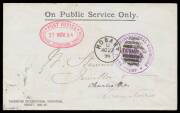 EXHIBITION DATESTAMP: Triple-oval 'POST OFFICE/27NOV94/TASMANIAN INTERNATIONAL EXHIBITION' datestamp fine strike in rosine on OPSO envelope with Exhibition embossing in maroon on the flap (damaged on opening) & Exhibition Frank h/s in purple.