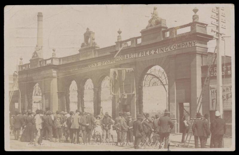 Real photo postcard titled "Exhibition Building Hobart, Destroyed by Fire 5.11.1909", used at Hobart 9.11.1909, stamp damaged but image is fine.